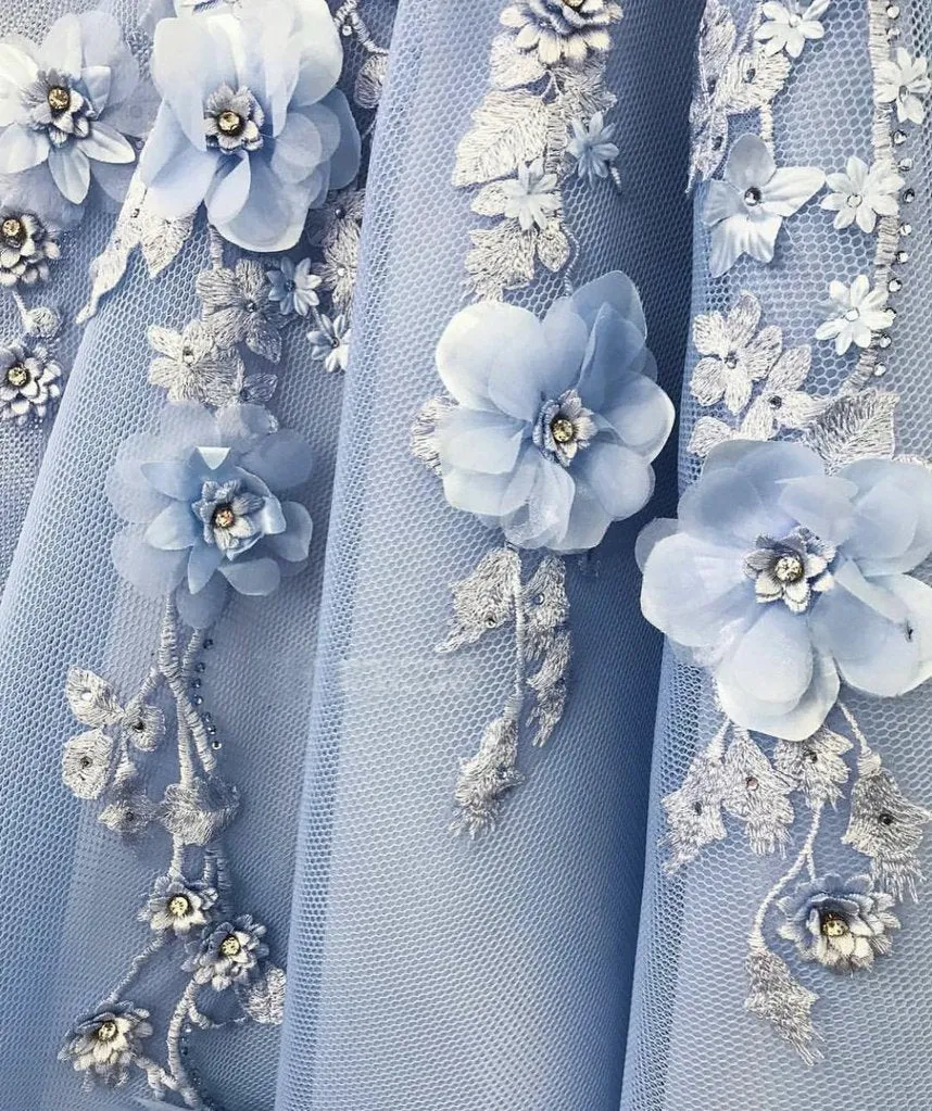 Off the Shoulder A-Line Blue Tulle Lace Sweetheart 3D Flowers Prom Dresses,MP454