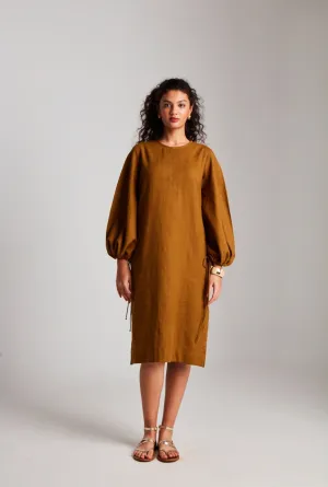 Olive Co-Linen Balloon Sleeves Dress
