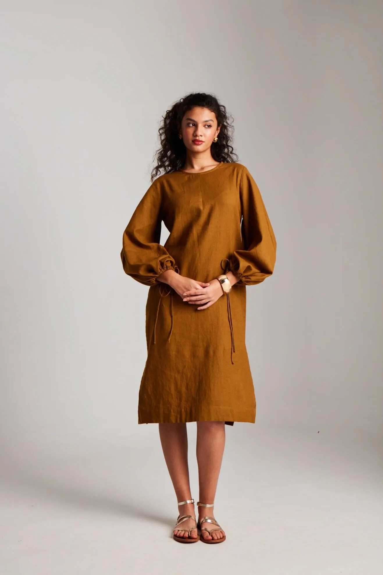 Olive Co-Linen Balloon Sleeves Dress