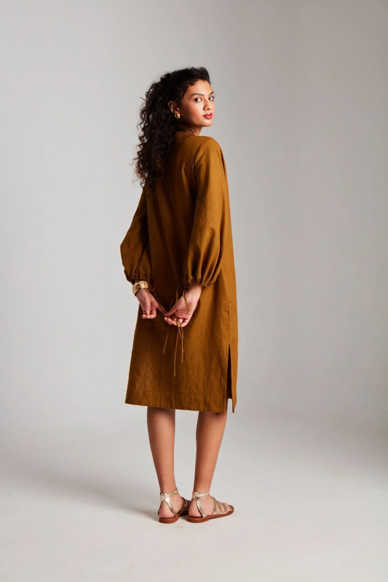 Olive Co-Linen Balloon Sleeves Dress
