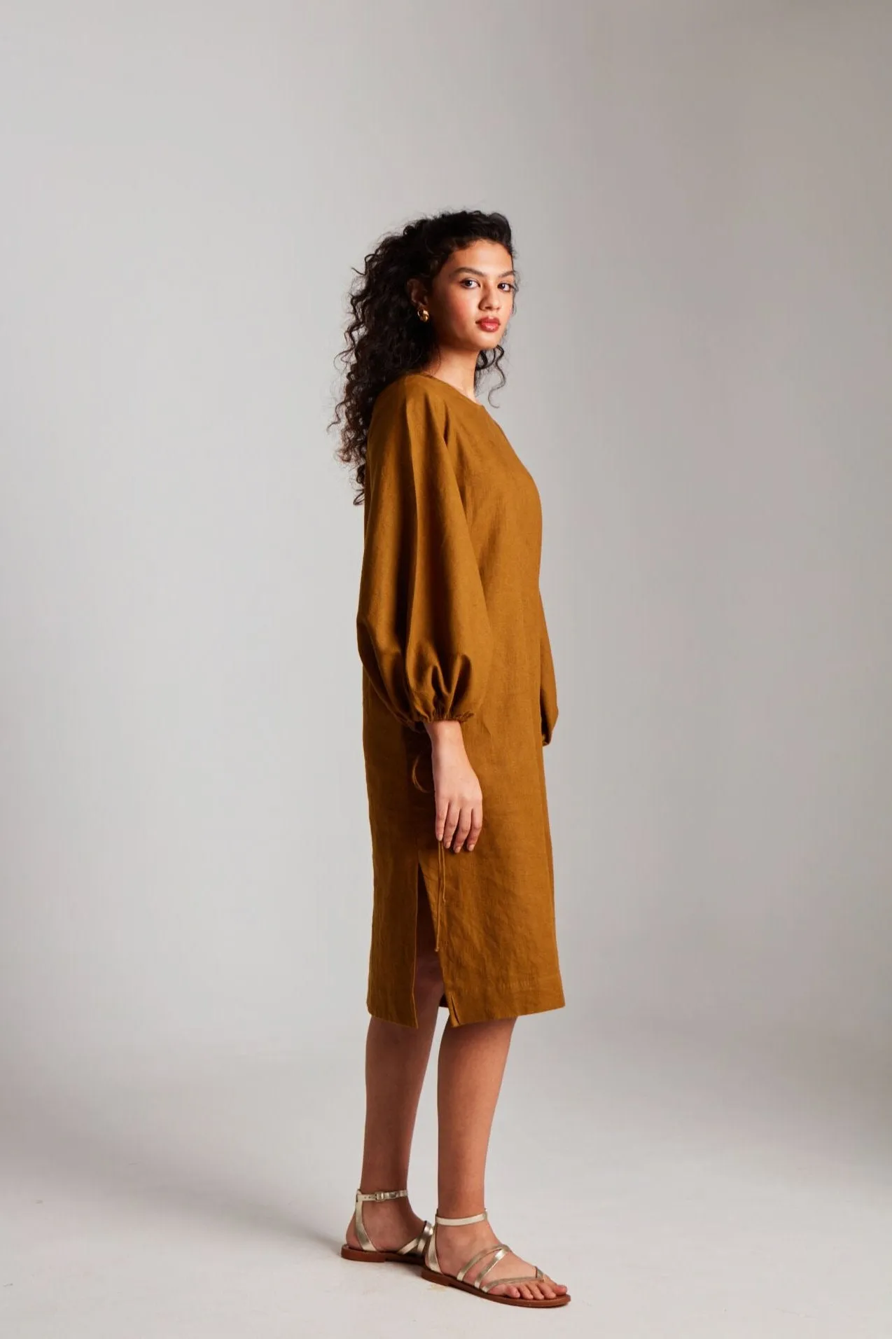 Olive Co-Linen Balloon Sleeves Dress