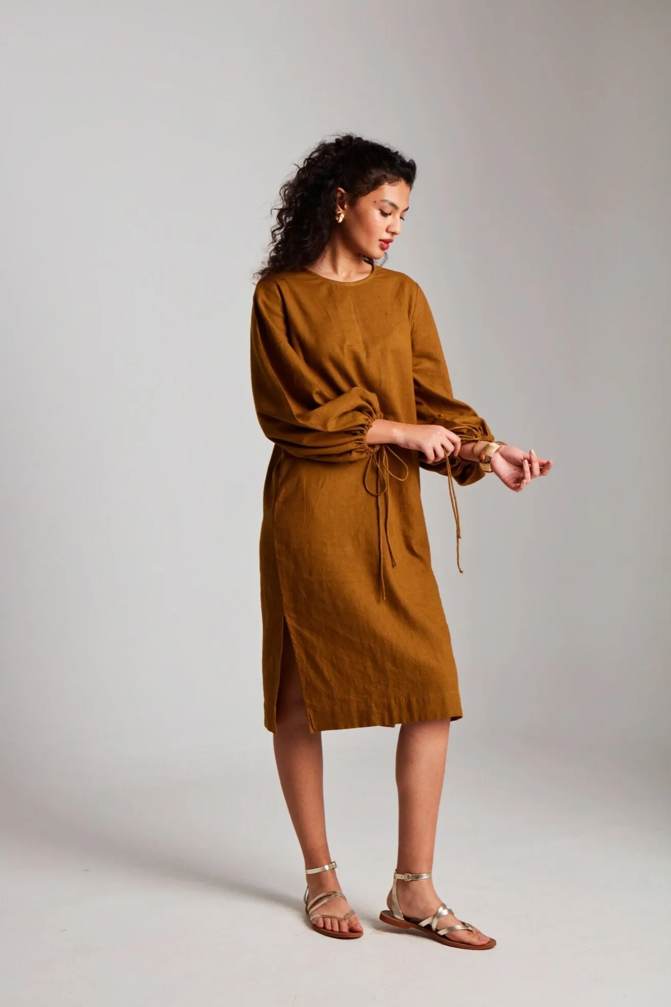 Olive Co-Linen Balloon Sleeves Dress