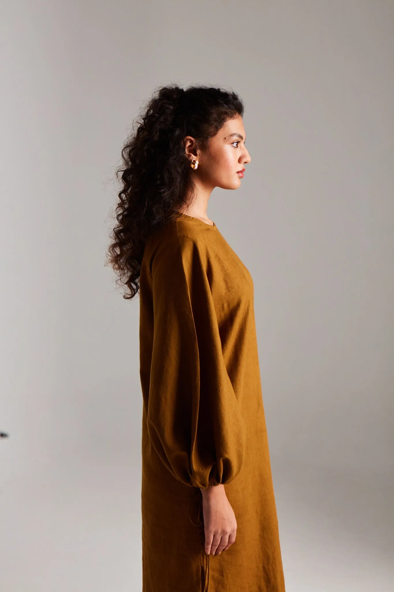 Olive Co-Linen Balloon Sleeves Dress