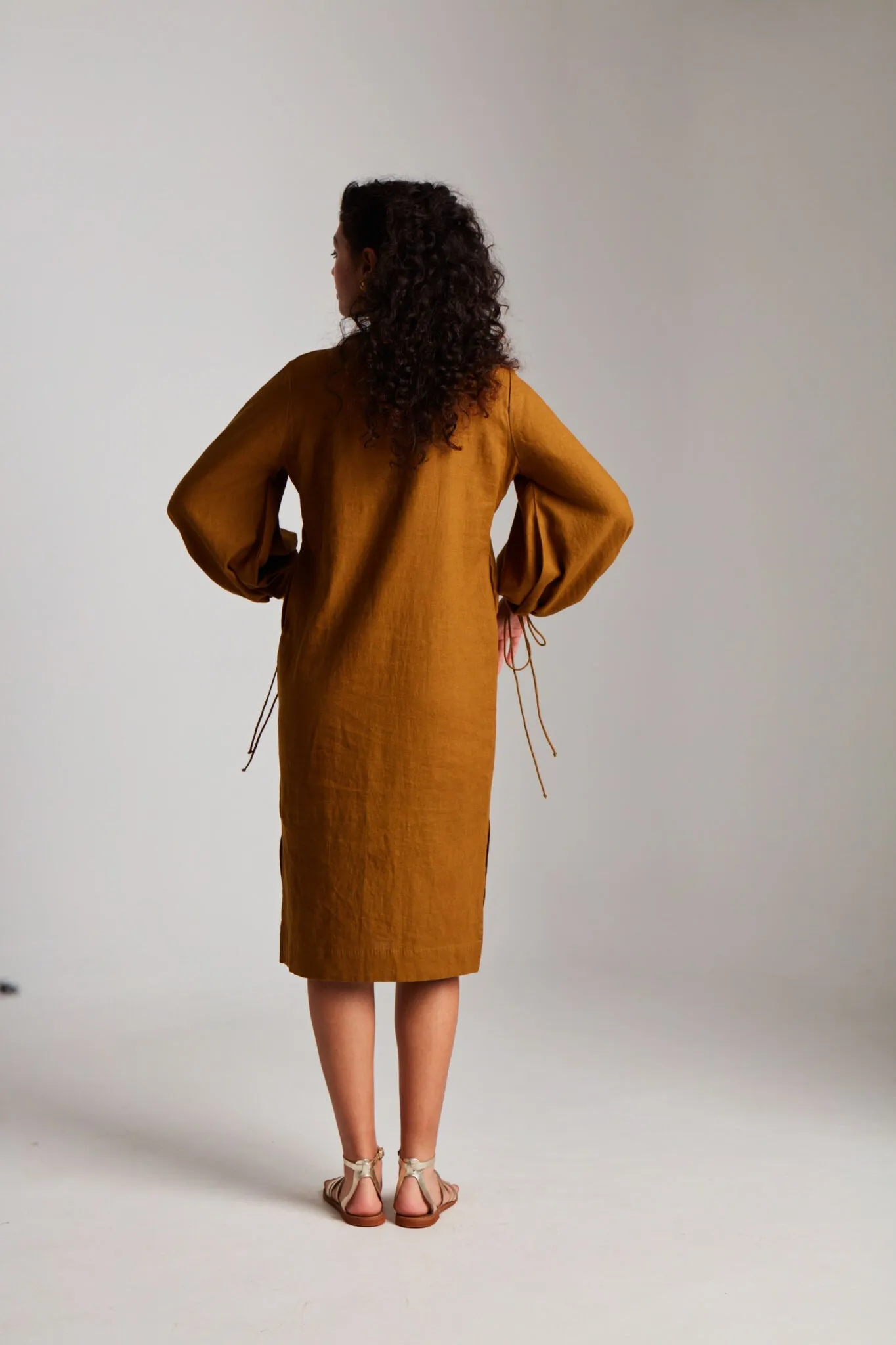 Olive Co-Linen Balloon Sleeves Dress