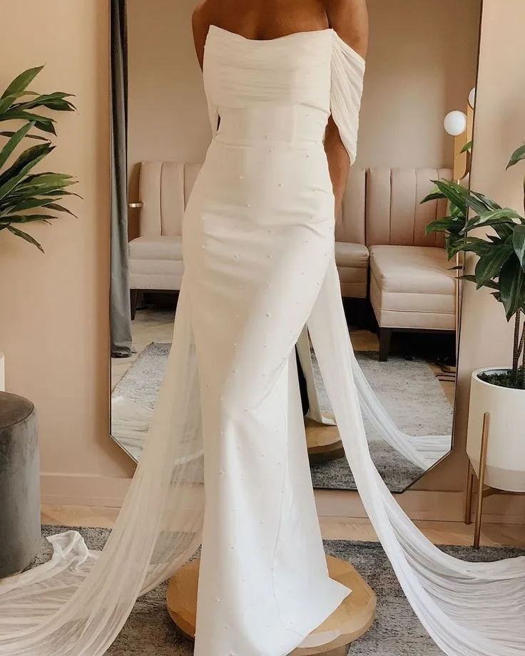 Pearls Sheath Bridal Dresses with Ruching Off-the-shoulder
