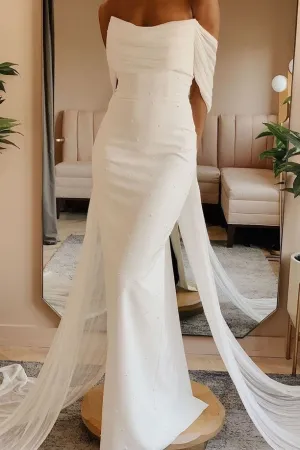 Pearls Sheath Bridal Dresses with Ruching Off-the-shoulder
