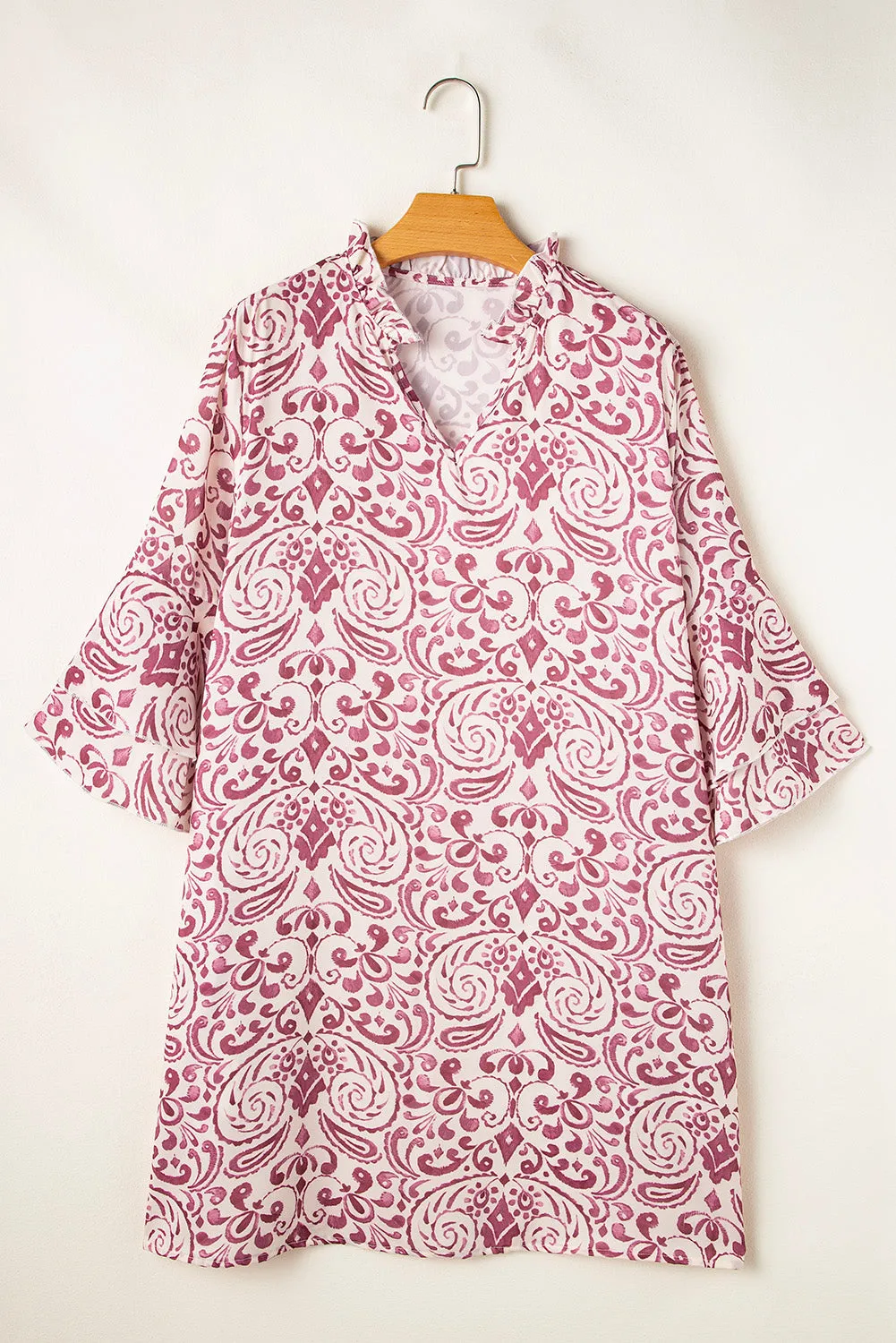 Pink Paisley Print Tiered 3/4 Sleeve Notched Neck Mini Dress
