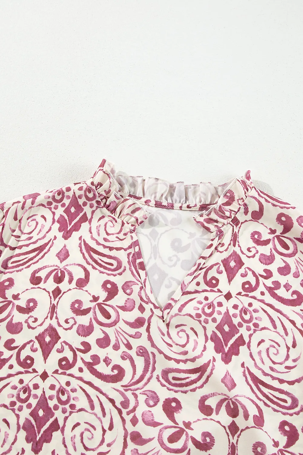 Pink Paisley Print Tiered 3/4 Sleeve Notched Neck Mini Dress
