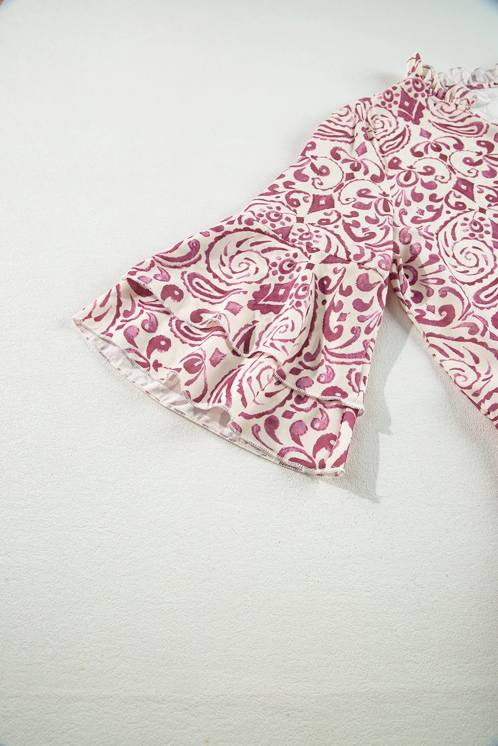 Pink Paisley Print Tiered 3/4 Sleeve Notched Neck Mini Dress