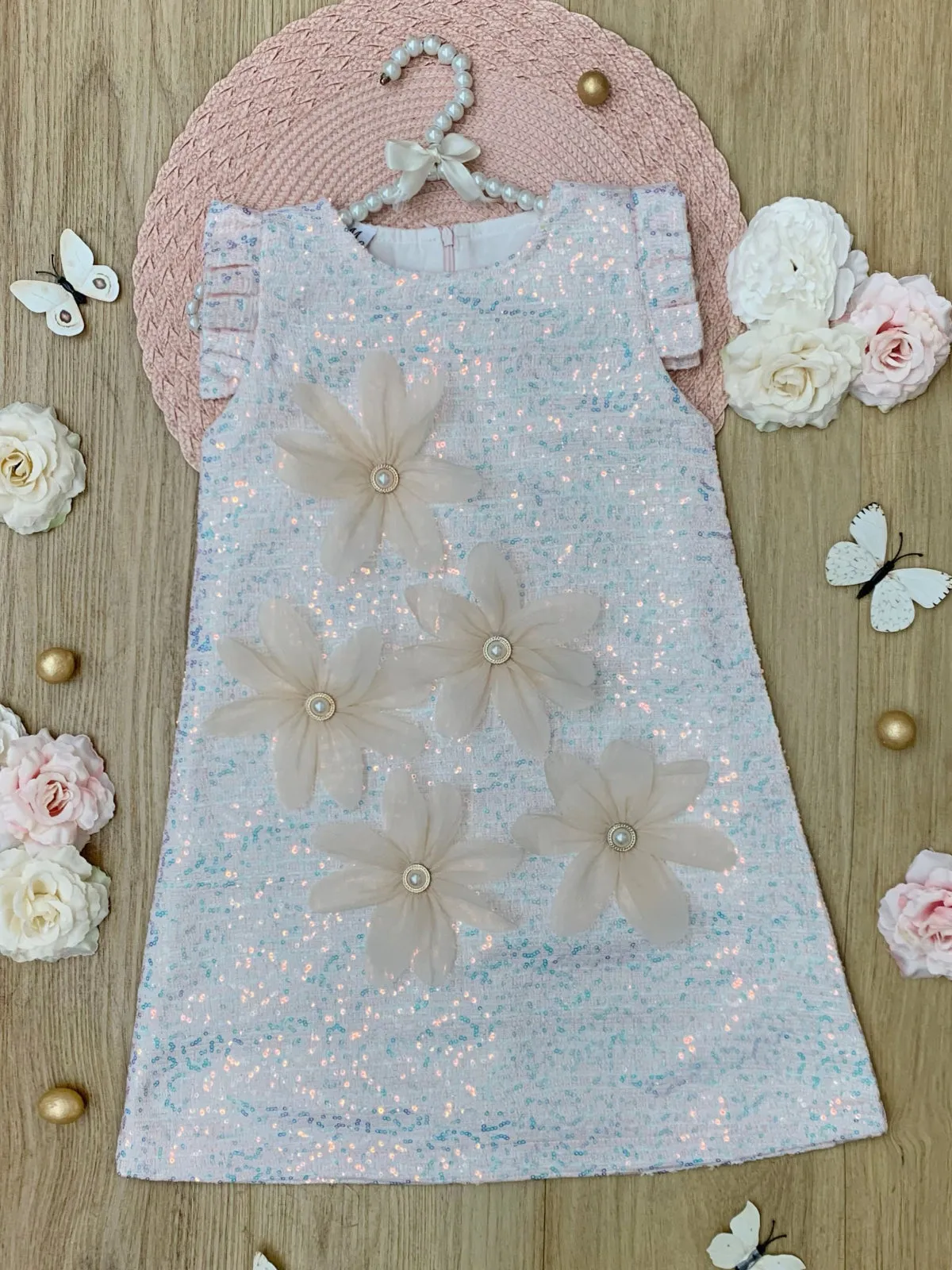 Pink Shimmering Daisy Pearl-Accent Shift Dress