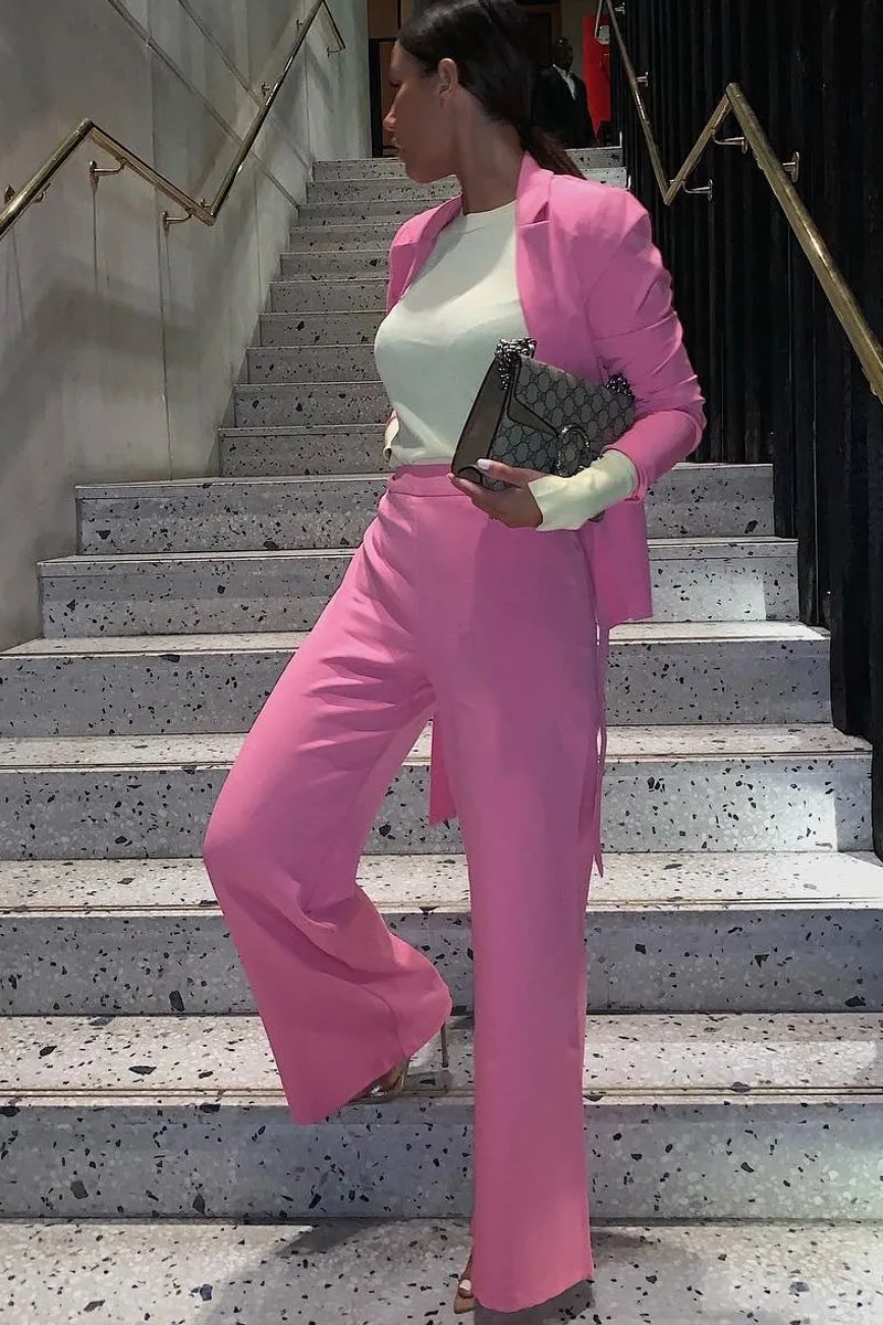 Pink Tie Front Blazer Wide Leg Trouser Co-Ord - Saphira