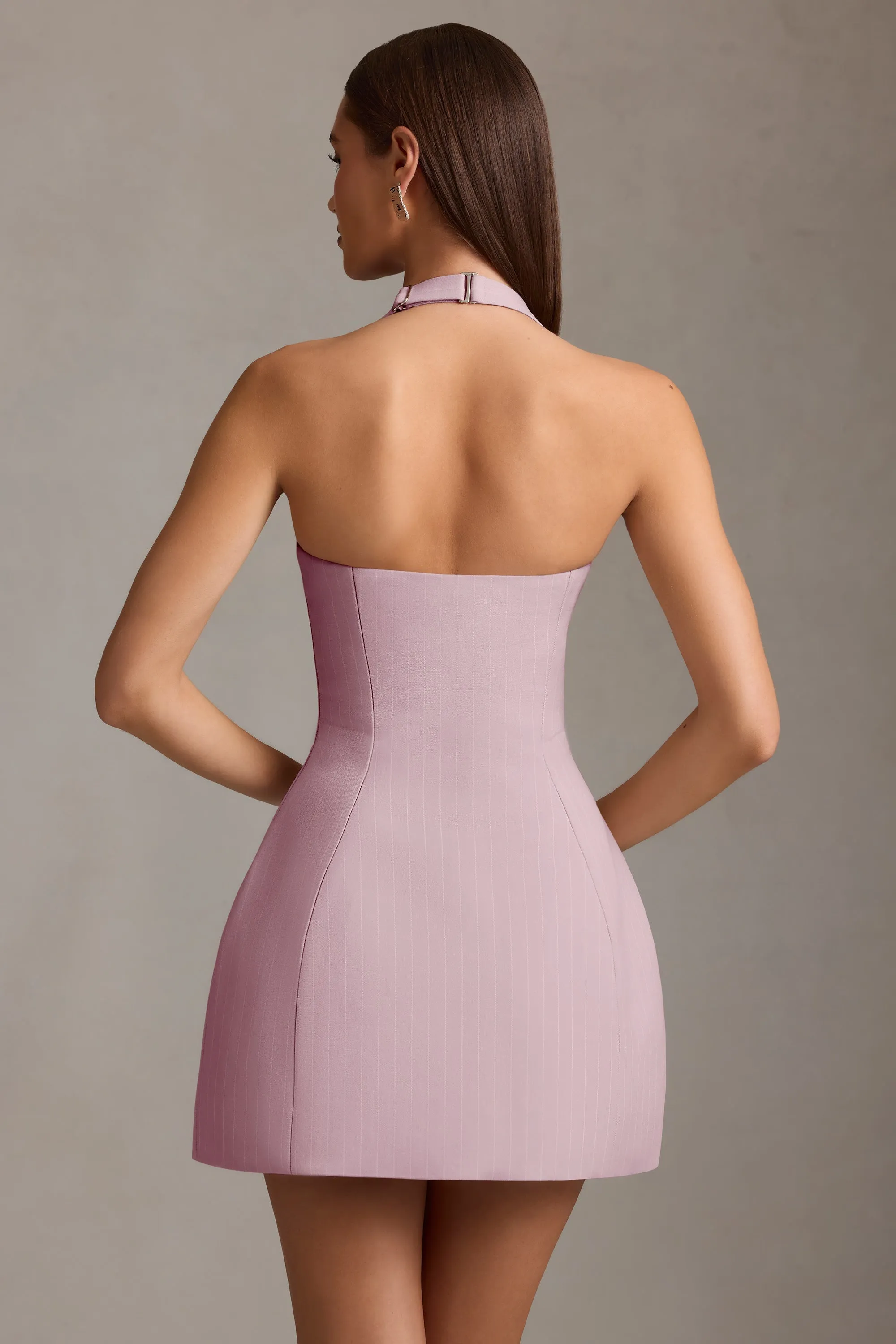 Pinstripe Halterneck Structured A-Line Mini Dress in Mauve