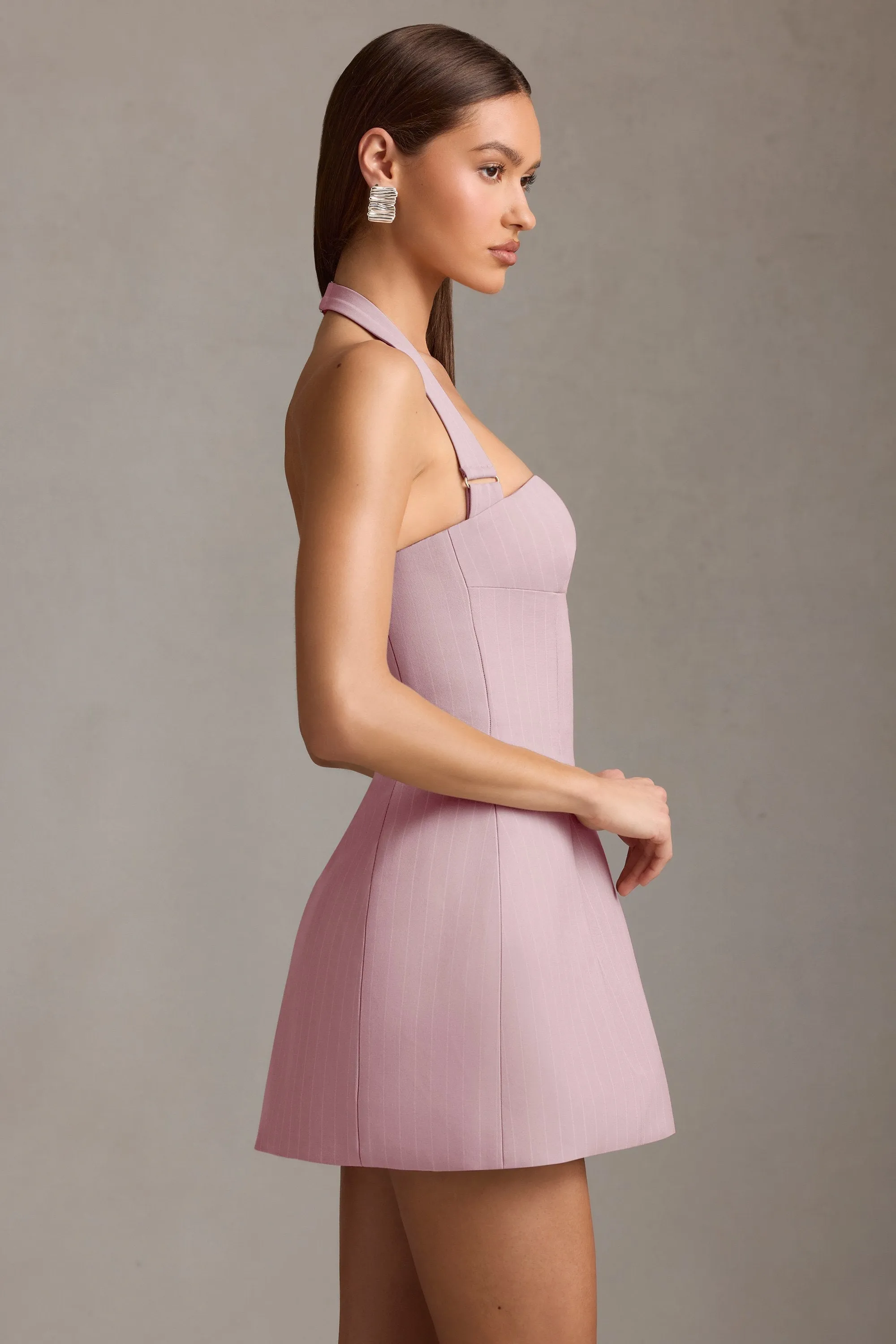 Pinstripe Halterneck Structured A-Line Mini Dress in Mauve