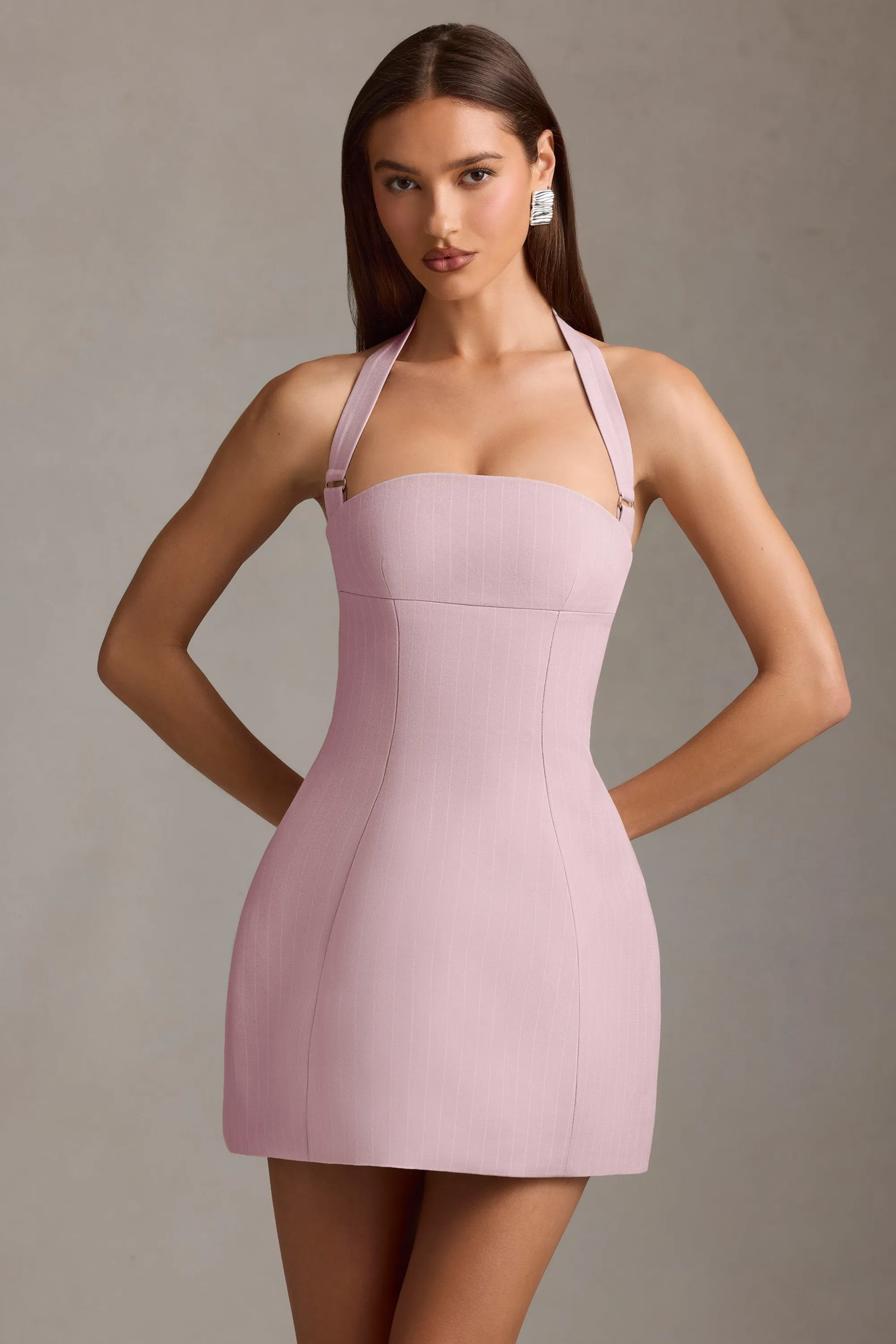 Pinstripe Halterneck Structured A-Line Mini Dress in Mauve