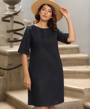 Pintuck Linen Shift Navy Dress