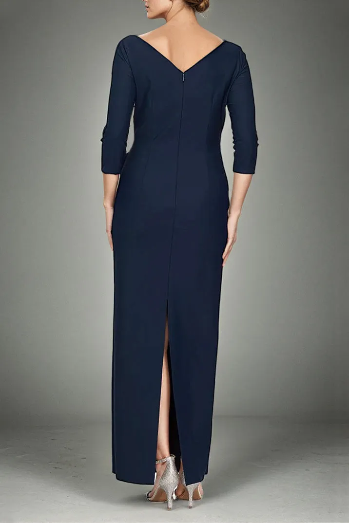 Pleats Dark Navy 3/4 Sleeve V Neck Ankle Length Prom Party Dress