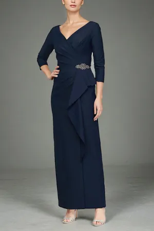 Pleats Dark Navy 3/4 Sleeve V Neck Ankle Length Prom Party Dress