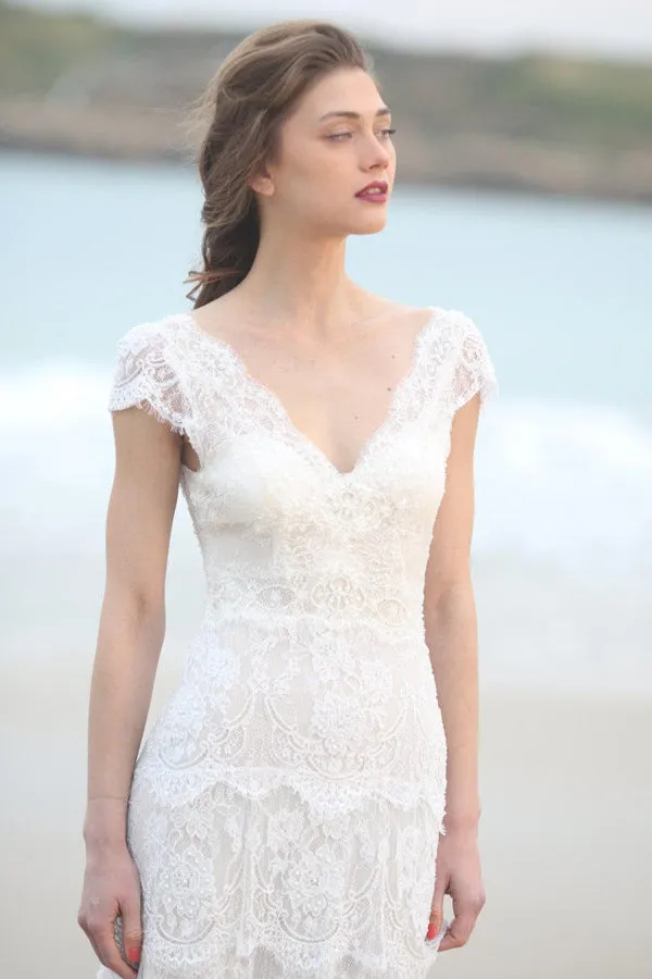 Plunged Sheath Cap-Sleeve Tired Boho Style Wedding Dress And Deep-V Back-715055