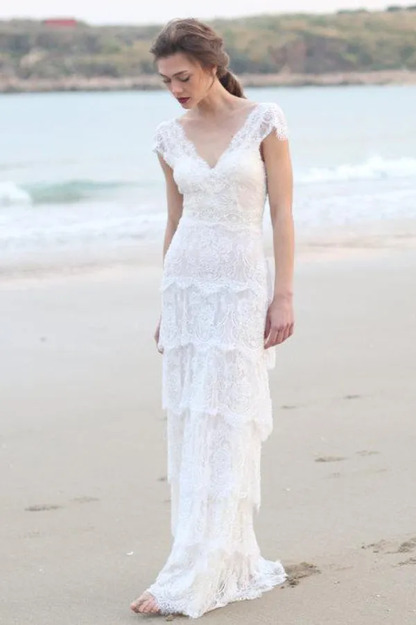 Plunged Sheath Cap-Sleeve Tired Boho Style Wedding Dress And Deep-V Back-715055