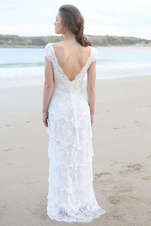 Plunged Sheath Cap-Sleeve Tired Boho Style Wedding Dress And Deep-V Back-715055