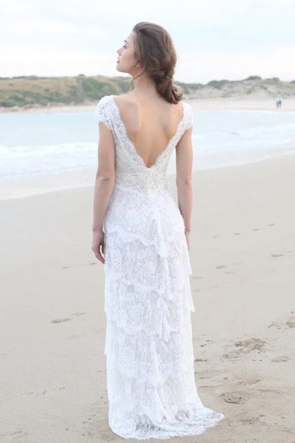 Plunged Sheath Cap-Sleeve Tired Boho Style Wedding Dress And Deep-V Back-715055