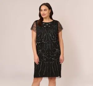 Plus Size Short Sleeve Beaded Cocktail Dress With Popover In Black Gunmetal