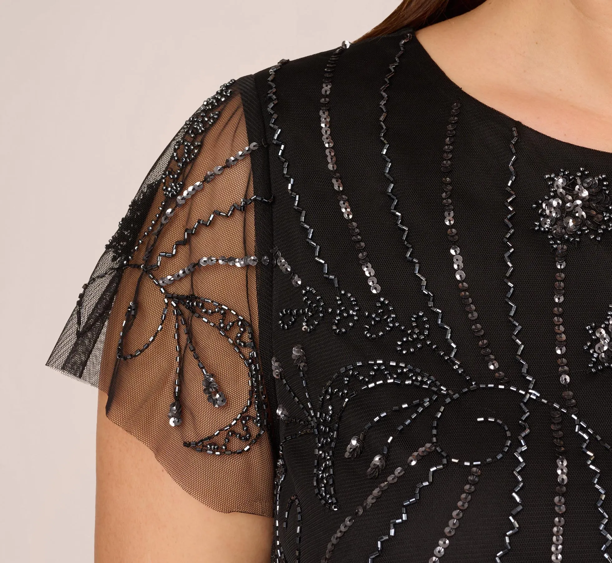 Plus Size Short Sleeve Beaded Cocktail Dress With Popover In Black Gunmetal
