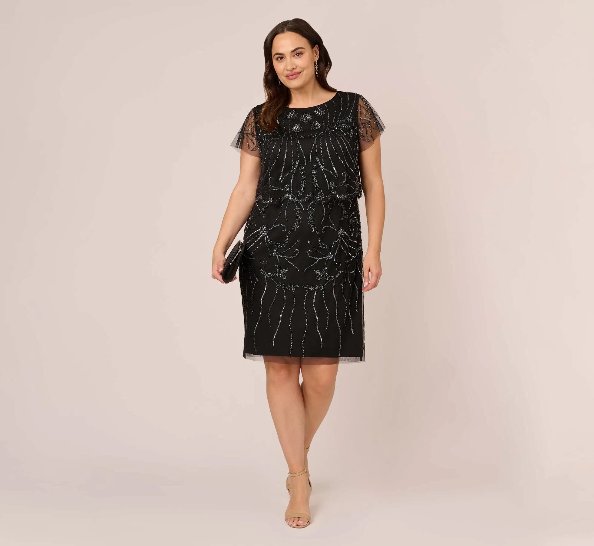 Plus Size Short Sleeve Beaded Cocktail Dress With Popover In Black Gunmetal