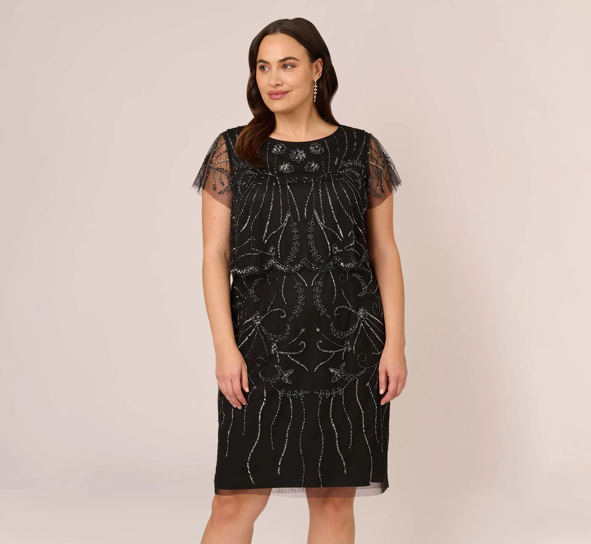Plus Size Short Sleeve Beaded Cocktail Dress With Popover In Black Gunmetal
