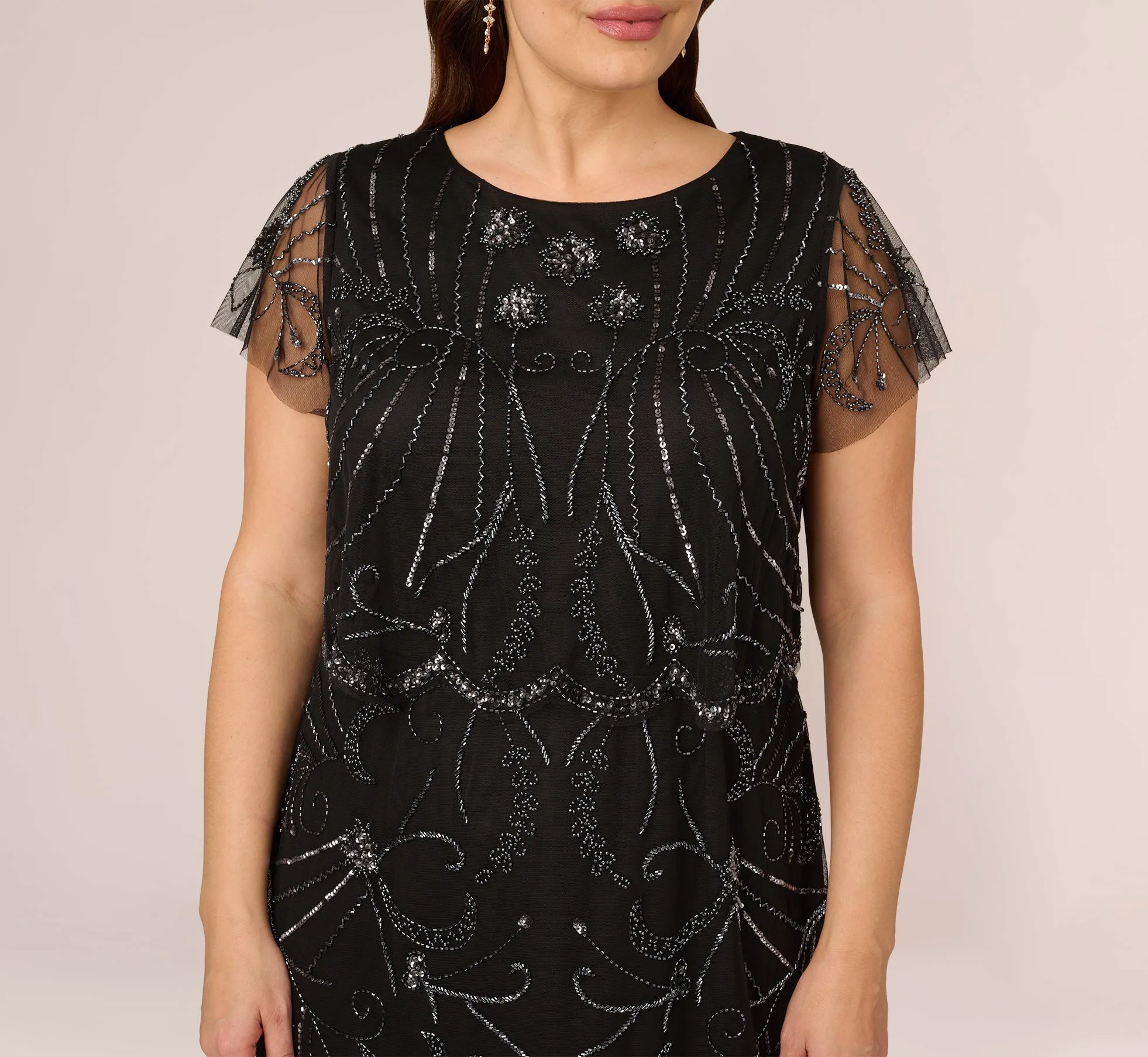 Plus Size Short Sleeve Beaded Cocktail Dress With Popover In Black Gunmetal