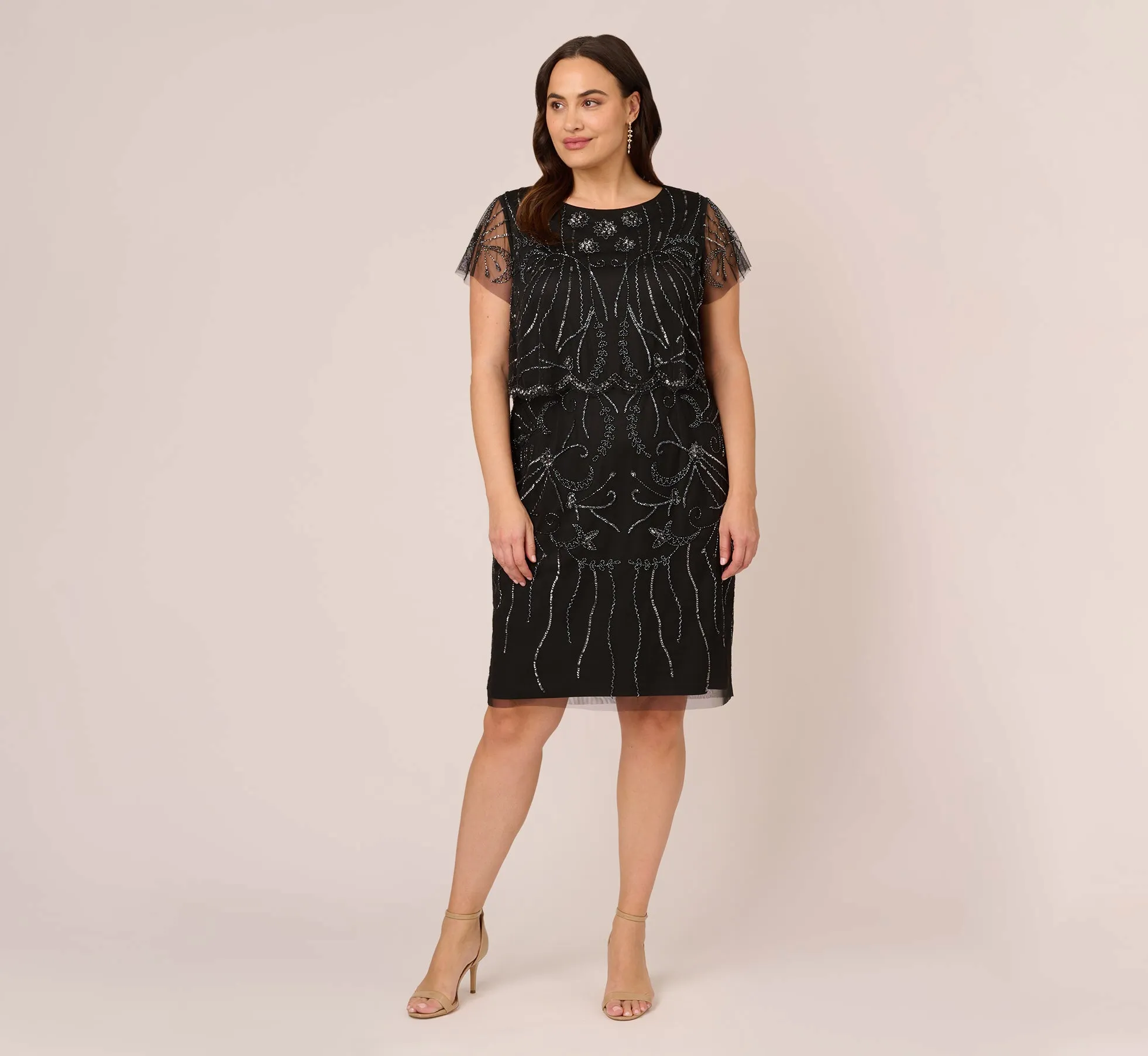 Plus Size Short Sleeve Beaded Cocktail Dress With Popover In Black Gunmetal