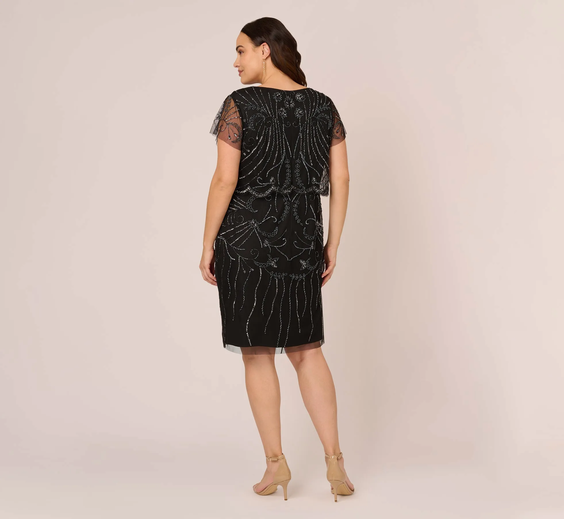 Plus Size Short Sleeve Beaded Cocktail Dress With Popover In Black Gunmetal