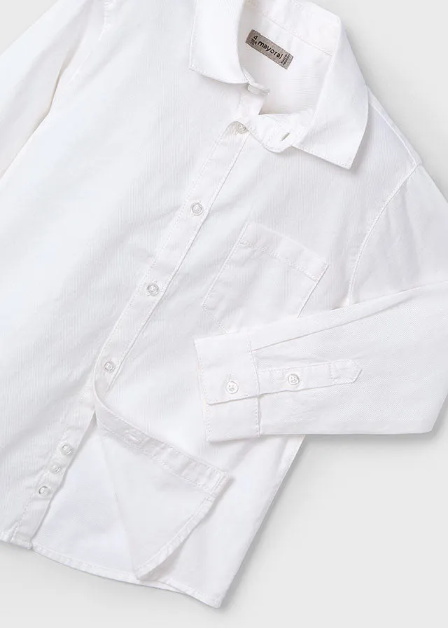 Pre-Order Mayoral 140 White Long Sleeve Shirt, Mayoral 512 Twill Trousers and Mayoral 3366 Gold Stripe Jumper