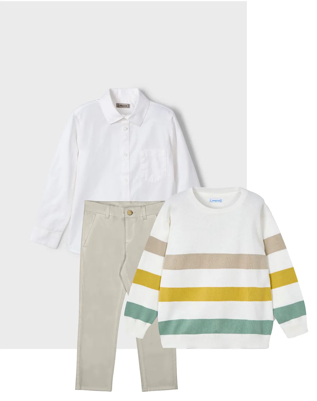 Pre-Order Mayoral 140 White Long Sleeve Shirt, Mayoral 512 Twill Trousers and Mayoral 3366 Gold Stripe Jumper