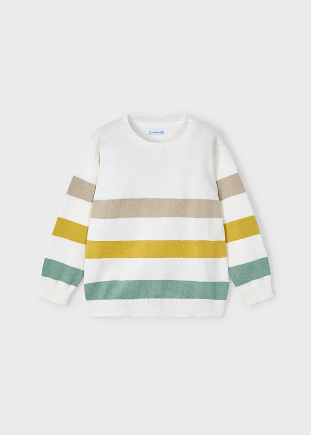 Pre-Order Mayoral 140 White Long Sleeve Shirt, Mayoral 512 Twill Trousers and Mayoral 3366 Gold Stripe Jumper