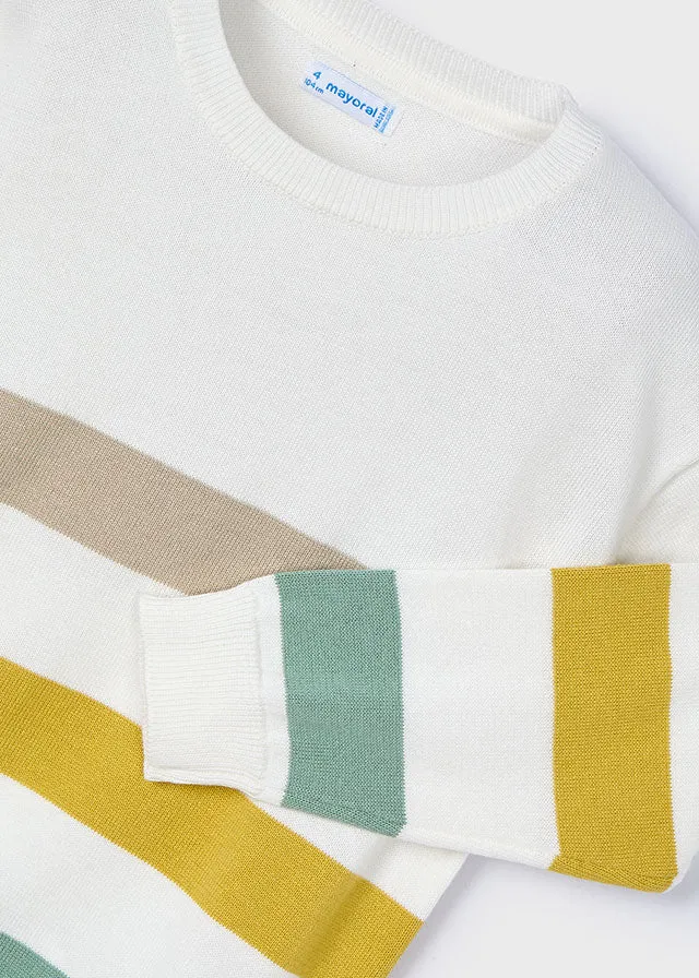 Pre-Order Mayoral 140 White Long Sleeve Shirt, Mayoral 512 Twill Trousers and Mayoral 3366 Gold Stripe Jumper