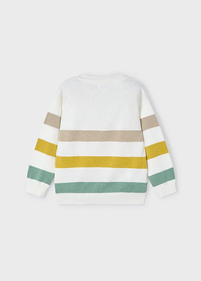 Pre-Order Mayoral 140 White Long Sleeve Shirt, Mayoral 512 Twill Trousers and Mayoral 3366 Gold Stripe Jumper