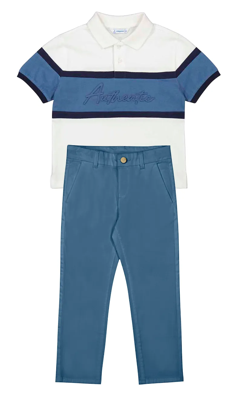 Pre-Order Mayoral 3103 Cream Short Sleeve Polo Shirt and Mayoral 512 Blue Twill Trousers