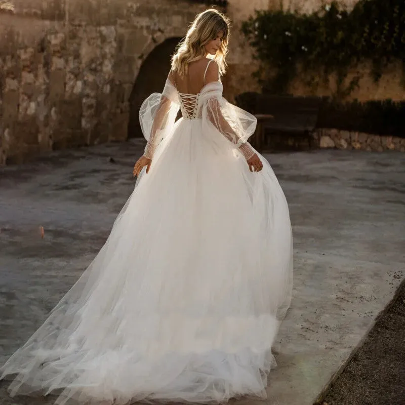 Princess Sweetheart Wedding Dress Puff Sleeve Beads Spaghetti Straps A-Line Lace Up Back Bridal Gowns Vestido De Novia