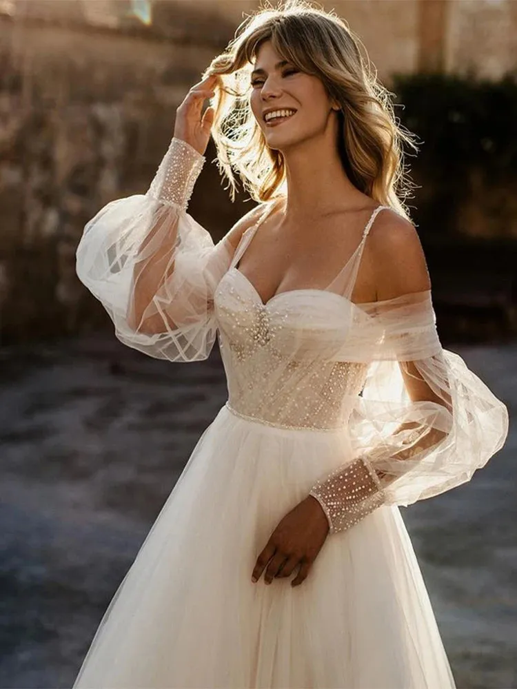 Princess Sweetheart Wedding Dress Puff Sleeve Beads Spaghetti Straps A-Line Lace Up Back Bridal Gowns Vestido De Novia
