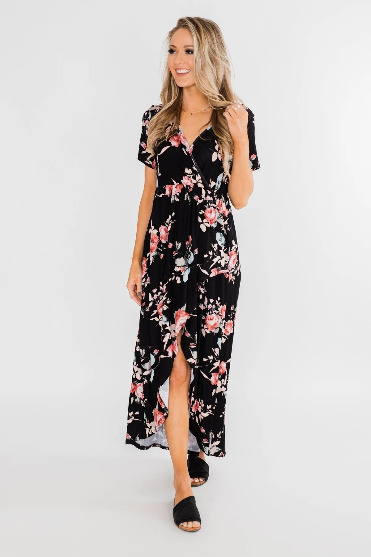Promise To Keep Hi-Low Floral Maxi Dress- Black