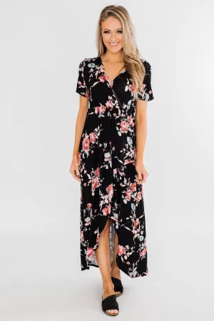 Promise To Keep Hi-Low Floral Maxi Dress- Black