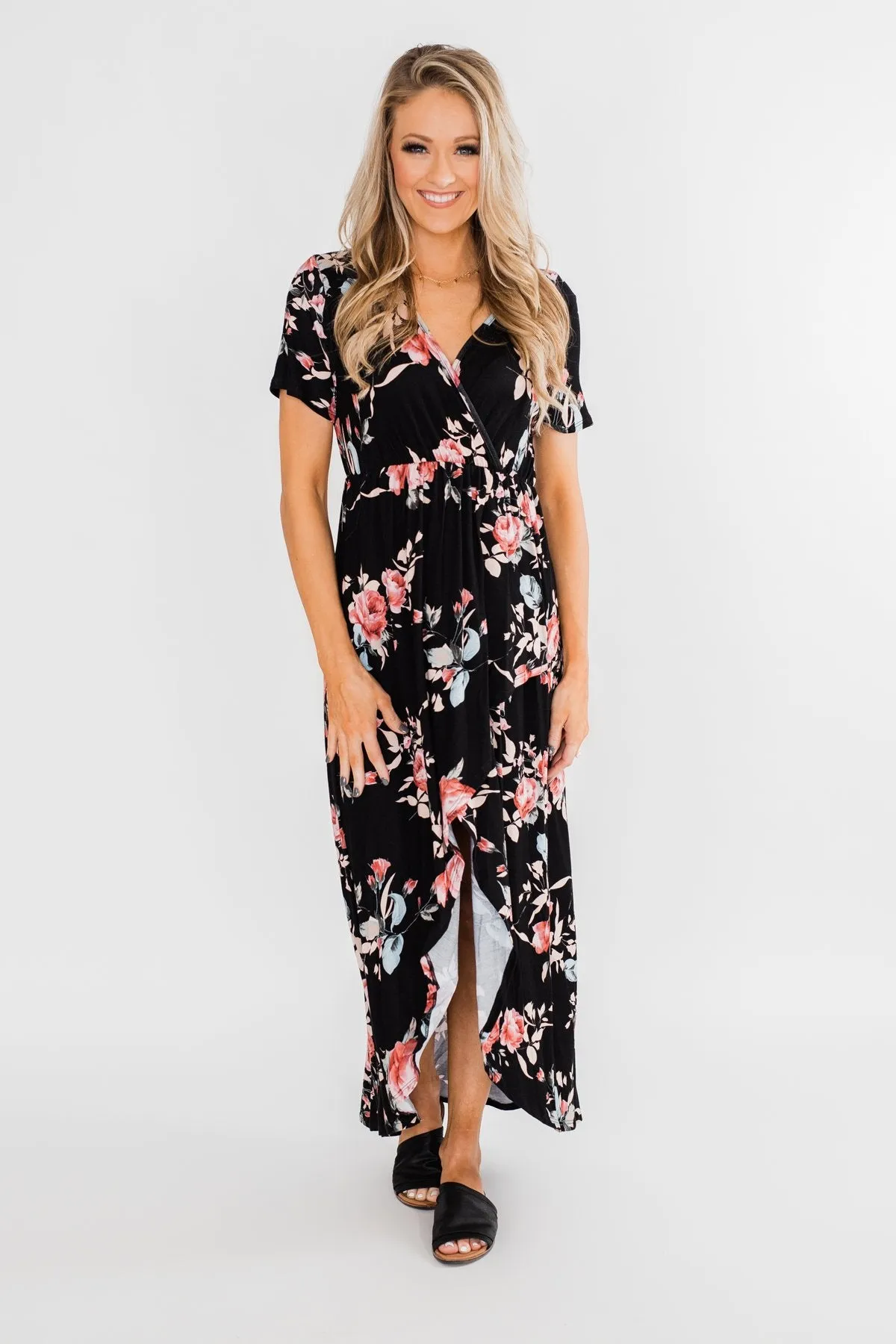 Promise To Keep Hi-Low Floral Maxi Dress- Black