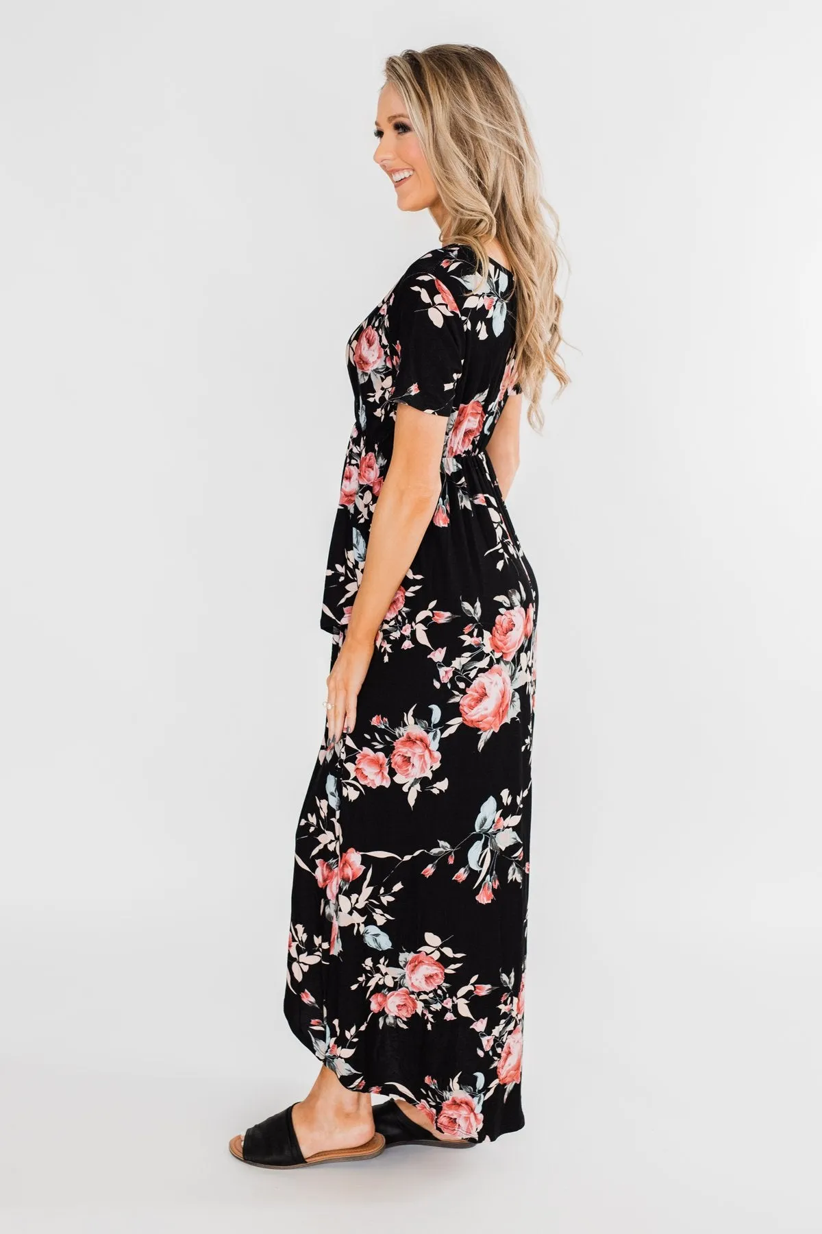 Promise To Keep Hi-Low Floral Maxi Dress- Black