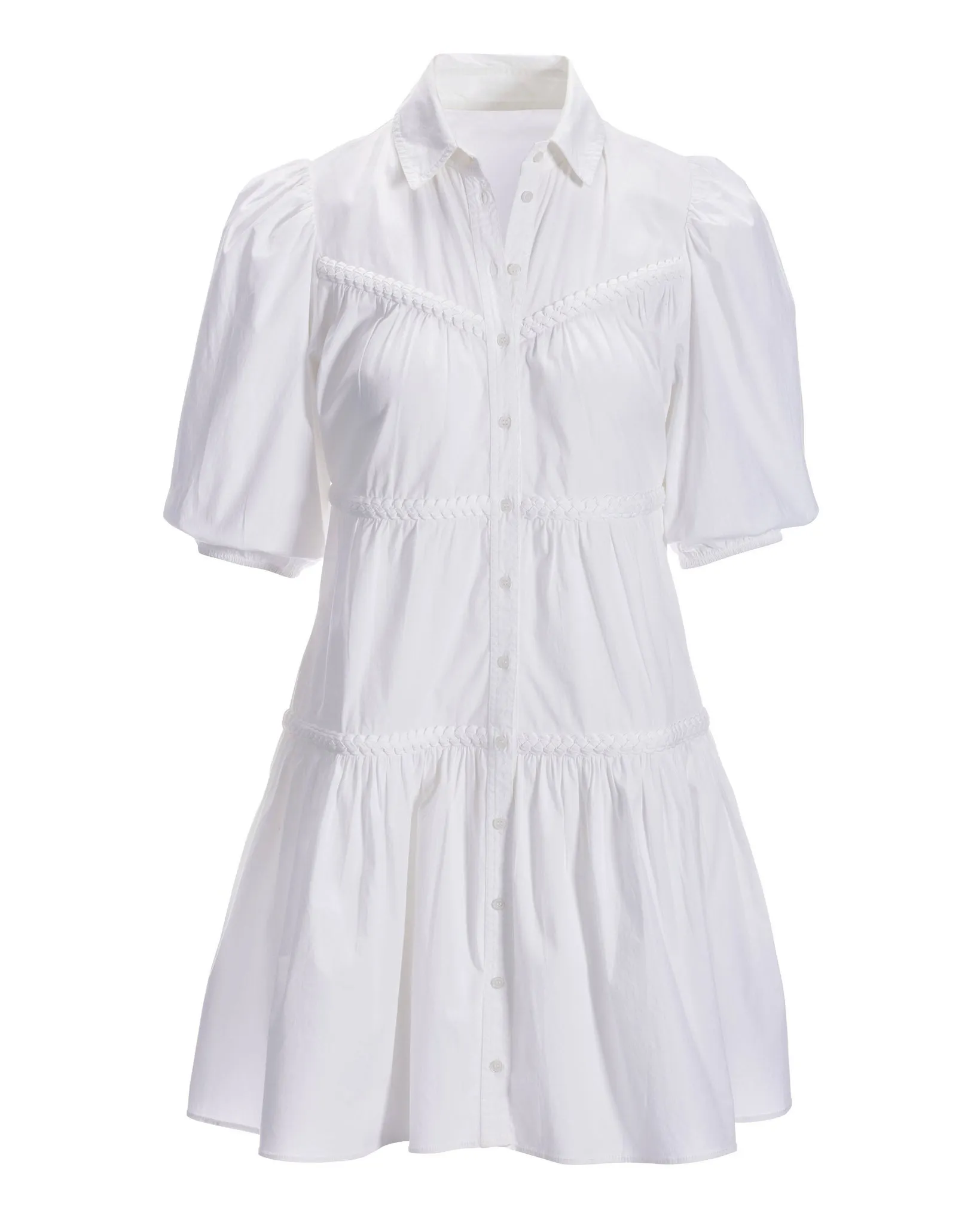 Puff-Sleeve Poplin Tiered Effortless Dress White