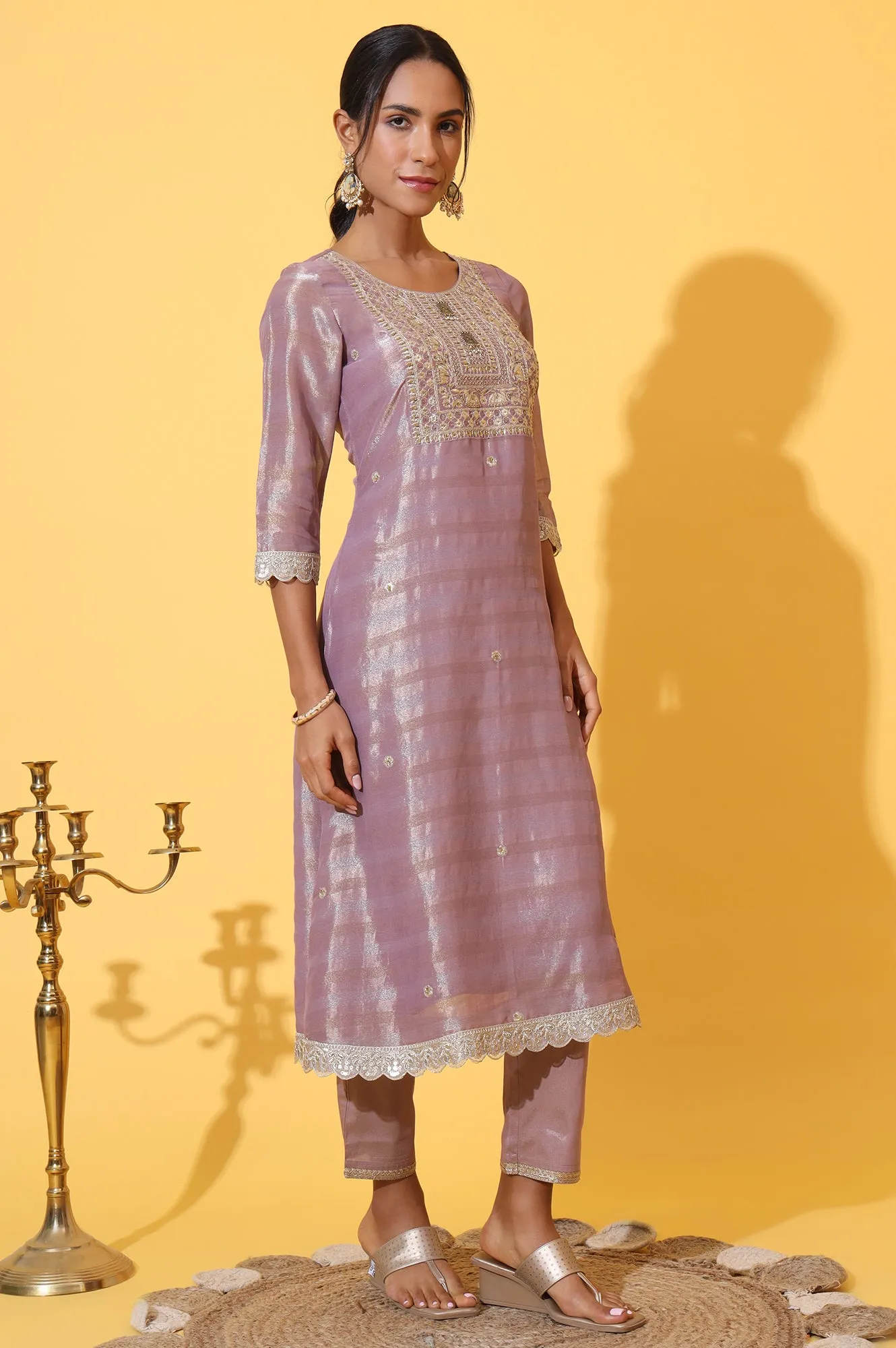 Purple Embroidered A-line Kurta and Trousers Set with Dupatta