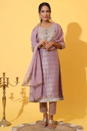 Purple Embroidered A-line Kurta and Trousers Set with Dupatta