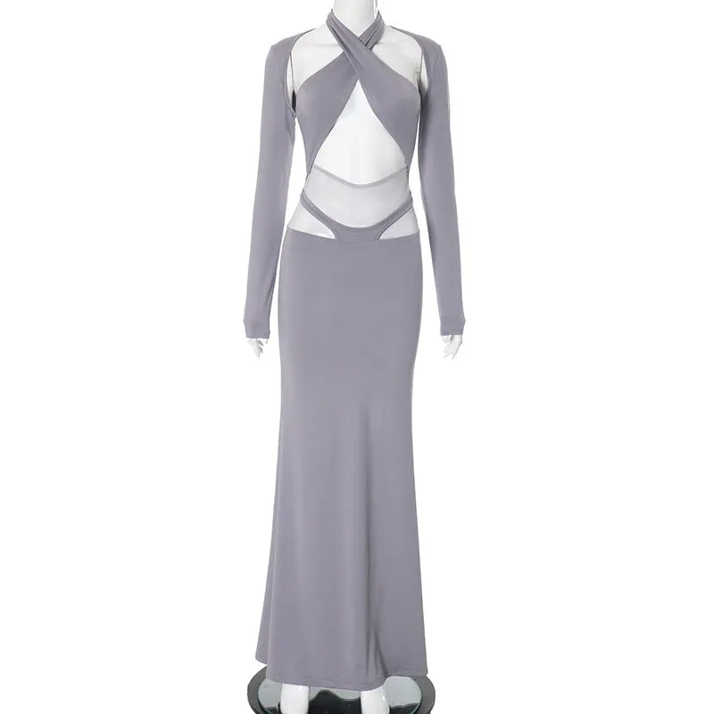 REALAIOT  Sanhu Lianjiang H24DS302 2025 women's clothing cross-hanging neck hollowed-out navel-wrapped buttocks fish tail long dress cross-border wholesale