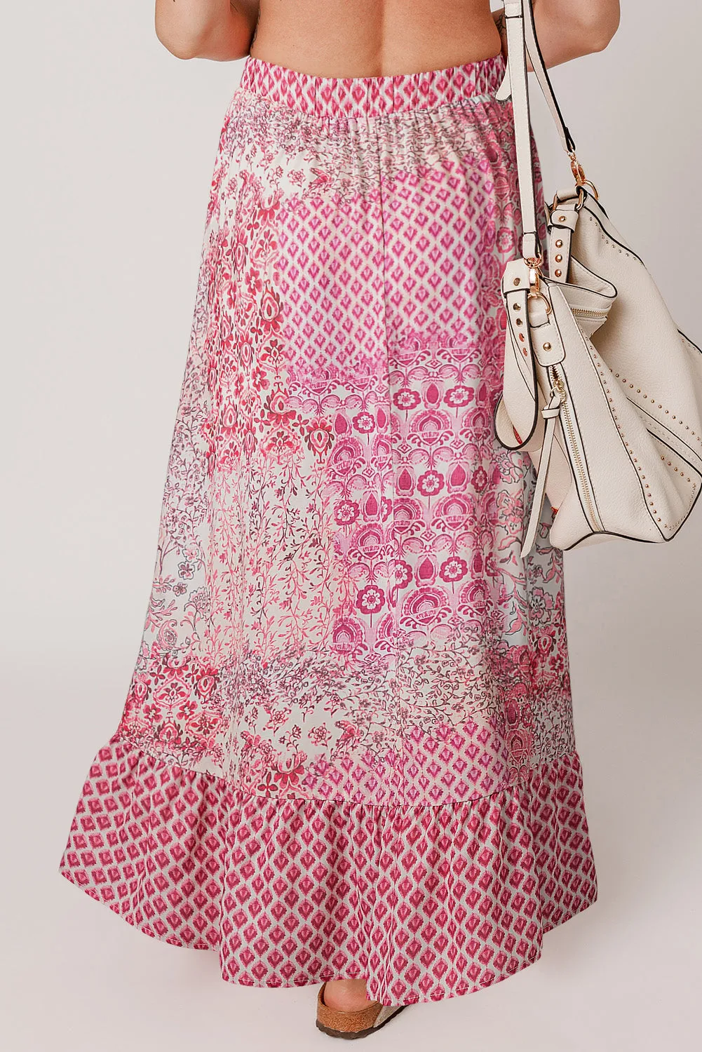 Red Boho Pattern Print Tassel Drawstring High Waist Maxi Dress
