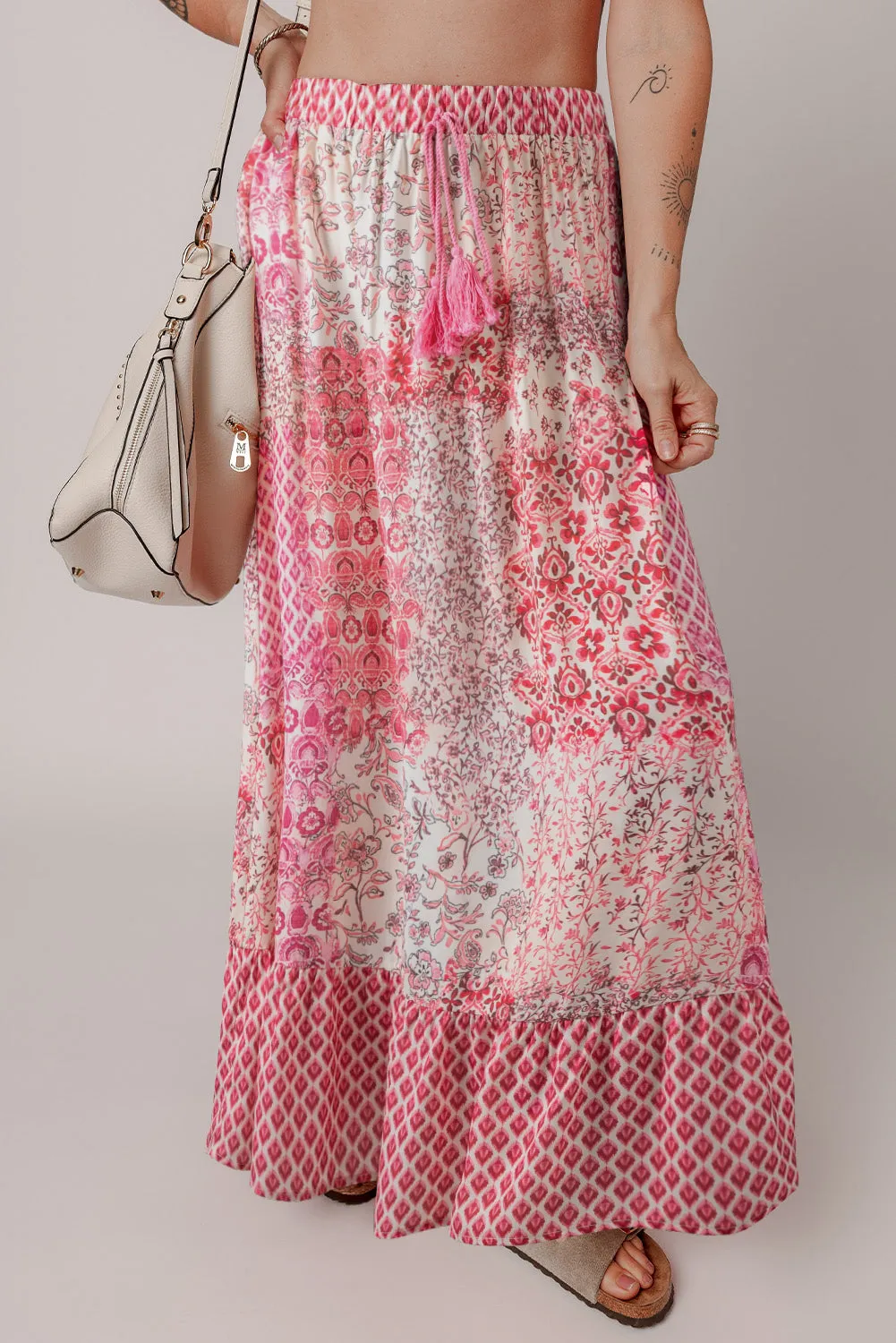 Red Boho Pattern Print Tassel Drawstring High Waist Maxi Dress